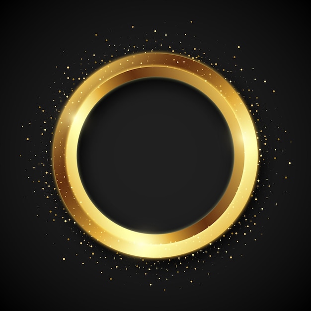 Golden sparkling 3D ring with gold glitter on a black background Vector golden frame