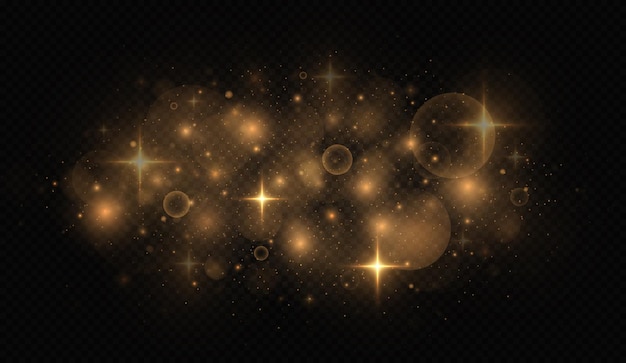 Golden sparks and stars glitter special light effect. Luminous magic dust particles.