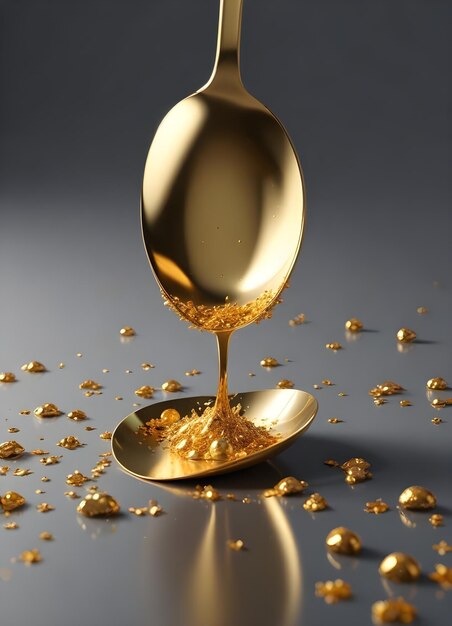 Vector golden spoon pouring liquid gold on a plate