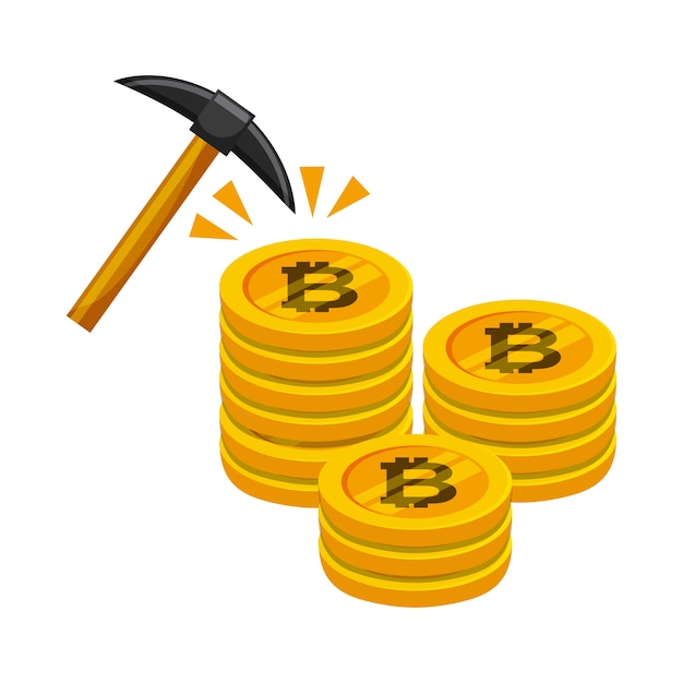 golden stack of bitcoins and pick tool 