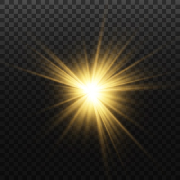 Golden star on a transparent background the effect of glow and rays of light glowing lights sunvecto