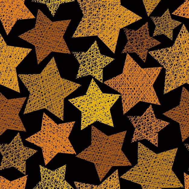 Golden stars seamless pattern, vector repeating background with hand drawn lines textures.