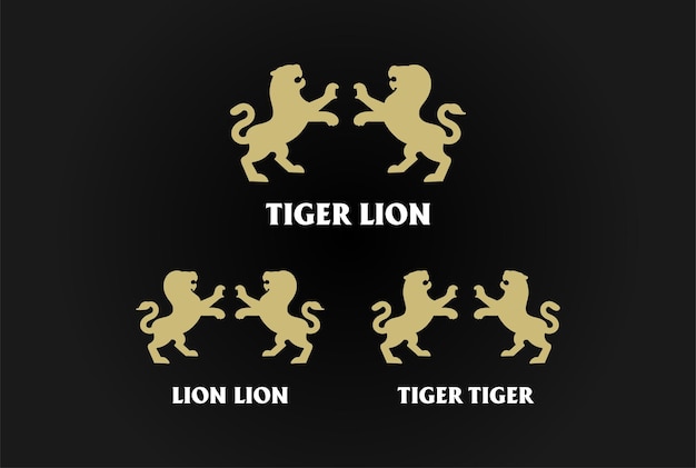 Golden Strong Standing Lion Leo and Tiger Silhouette Crest Logo Design