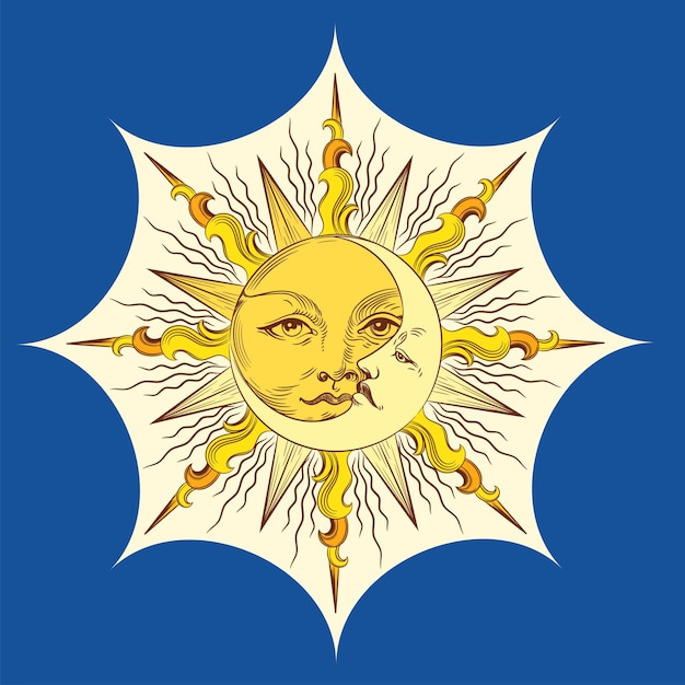 Golden sun and a crescent moon with a face. Design for tattoo, astrology, stickers, tarot.