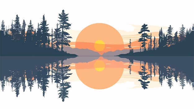 Vector golden sunset summer lake landscape with sun reflection