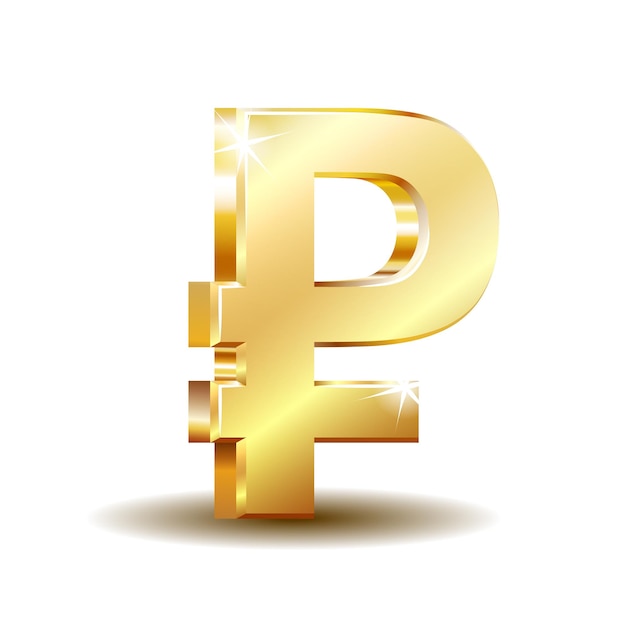 Golden symbol of russian ruble isolated on white Financial business and investment concept