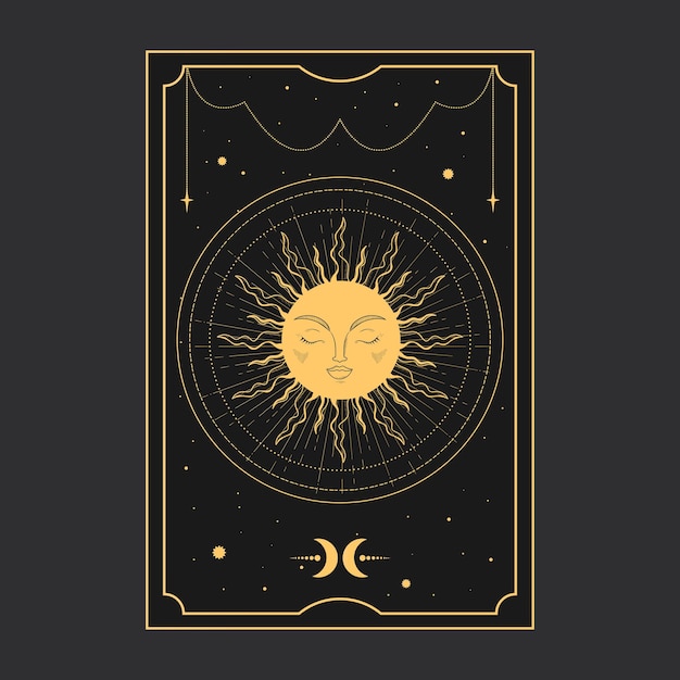 Golden Tarot card with a magical sun Tarot symbolism Mystery astrology esoteric Vector illustration