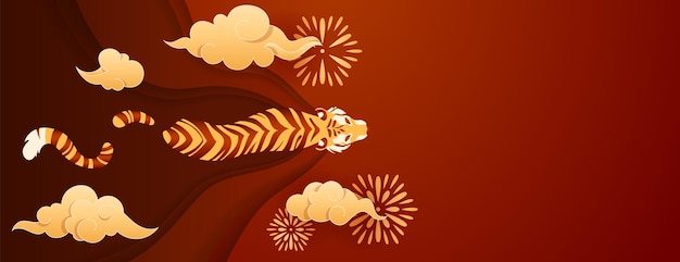 Golden tiger swim in paper cut waves Template with oriental royal Tiger Web banner with copy space