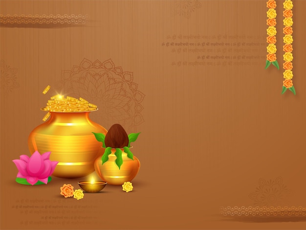 Golden Treasure Pot With Worship Pot Kalash Lotus Marigold Flower Lit Oil Lamp Diya And Copy Space On Brown Texture Background