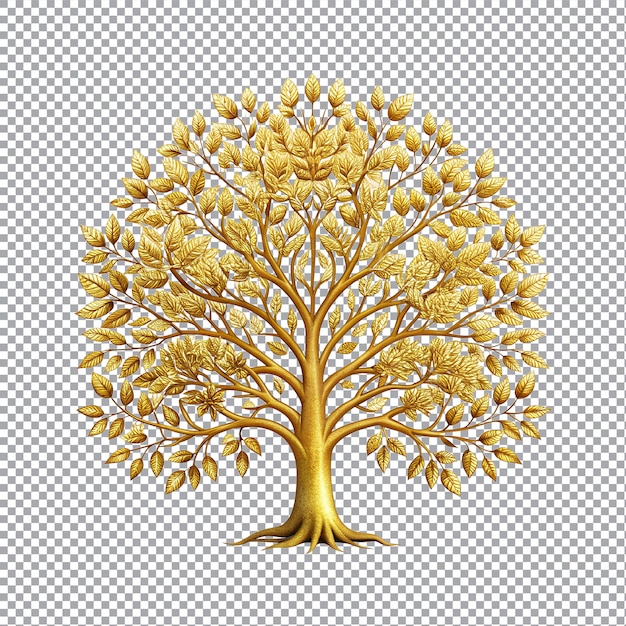 A golden tree with leaves on a transparent background