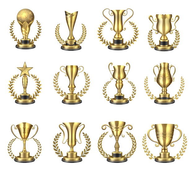 Golden trophy cups. Gold goblets and figures with laurel wreath, cup for champion. Vector realistic sports prize or business awards, football star victories trophies