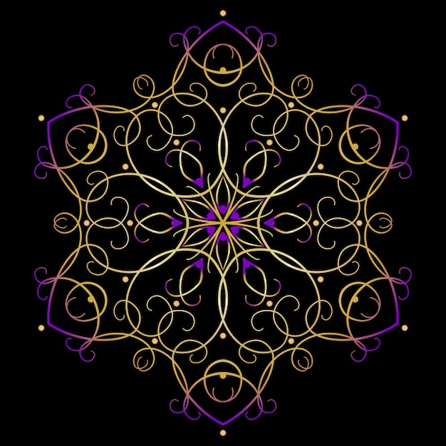 Golden violet mandala with six beams on black background Magical design element of curved lines