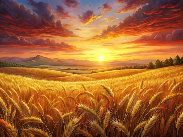 Vector golden wheat field at sunset