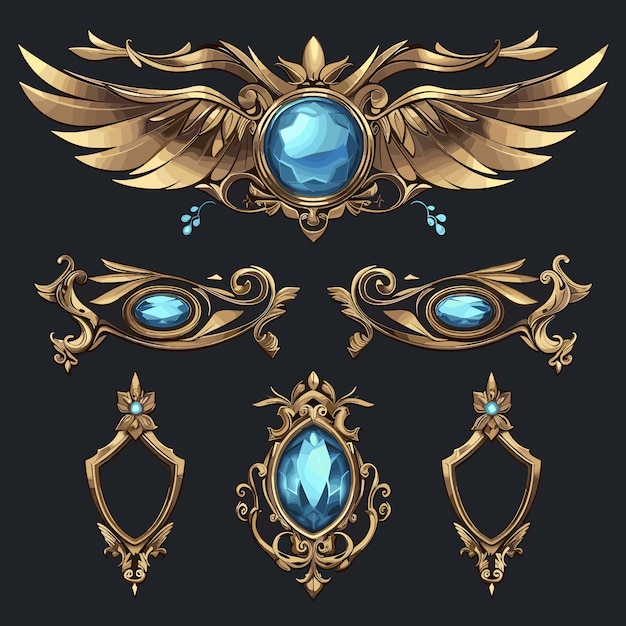 Vector golden wings frames and jewel elements for game design