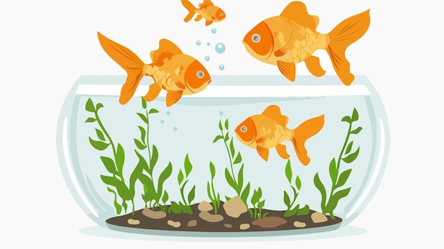 Vector goldfish jumping into aquarium with water flat style illustration