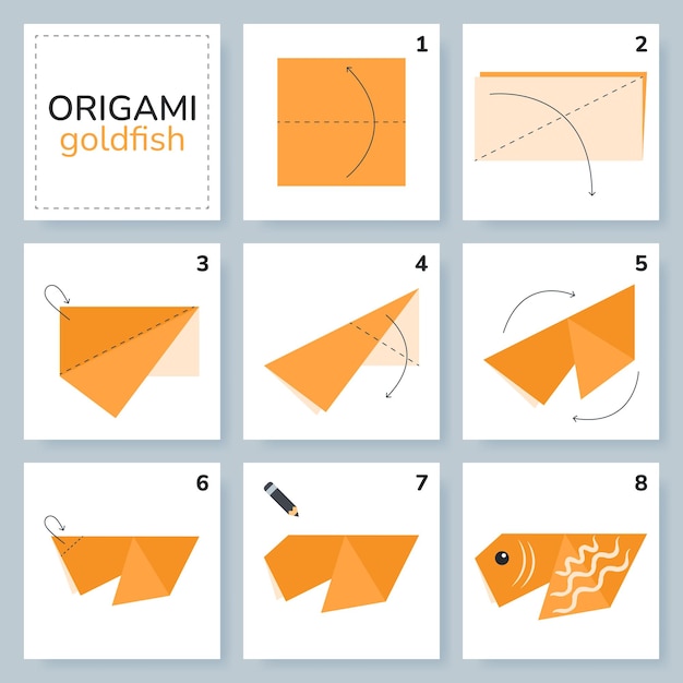 Vector goldfish origami scheme tutorial moving model origami for kids step by step