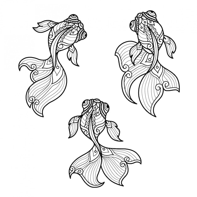 Goldfishs Pattern. Hand drawn sketch illustration for adult coloring book.