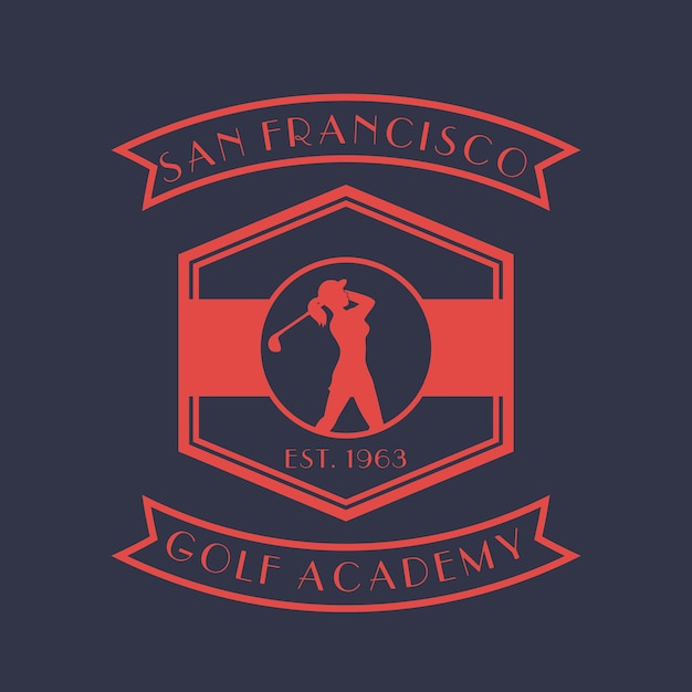 Golf academy vintage logo, badge, emblem with girl golfer, female golf player swinging club