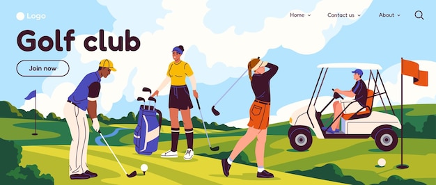 Vector golf club landing page website mock up with sportsmen playing golf horizontal banner with happy