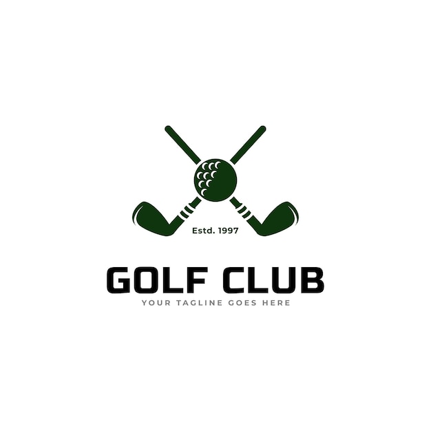 Golf club logo, badge or icon with crossed golf clubs and ball on tee. Vector illustration.