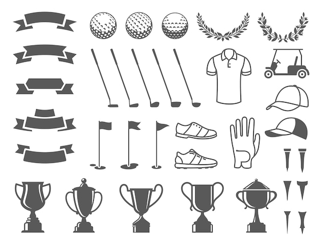 Vector golf elements collection tee icons ball silhouettes cup stickers and ribbons ball markers and putter badges sport game elements vector set