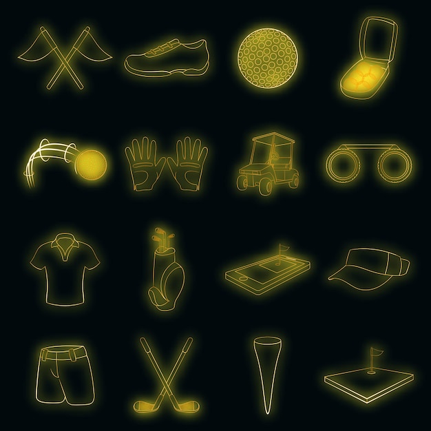 Golf icons set in neon style. Golf equipment set collection vector illustration