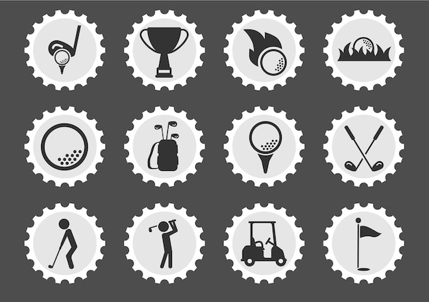 Golf icons on stylized round postage stamps