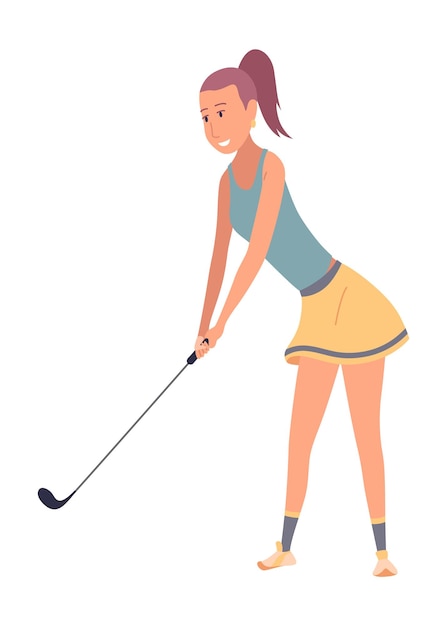 Golf player female golfer on golf course Thinking aiming to do good shot Leisure sport game on lawn on summer holiday Flat vector illustration isolated on white background