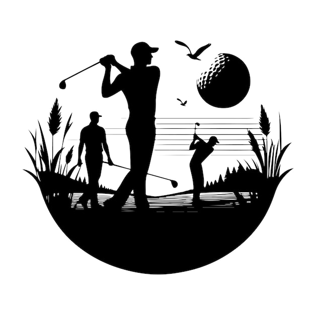 Golf player and icon silhouettes illustration set