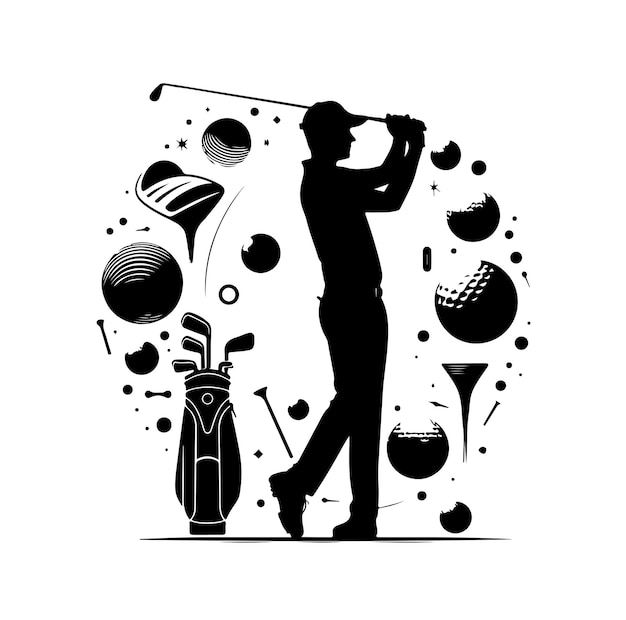 Golf player and icon silhouettes illustration set