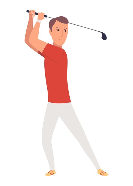 Vector golf player male golfer on golf course thinking aiming to do good shot leisure sport game on lawn on summer holiday flat vector illustration isolated on white background