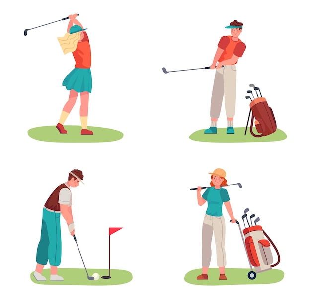 Golf player playing with ball and stick Vector golfer and sport golf club game illustration play or training hobby