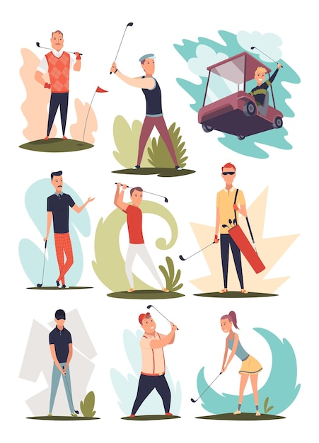 Vector golf player set male and female golfers on golf course thinking aiming to do good shot leisure sport game on lawn on summer holiday flat vector illustration isolated on white background