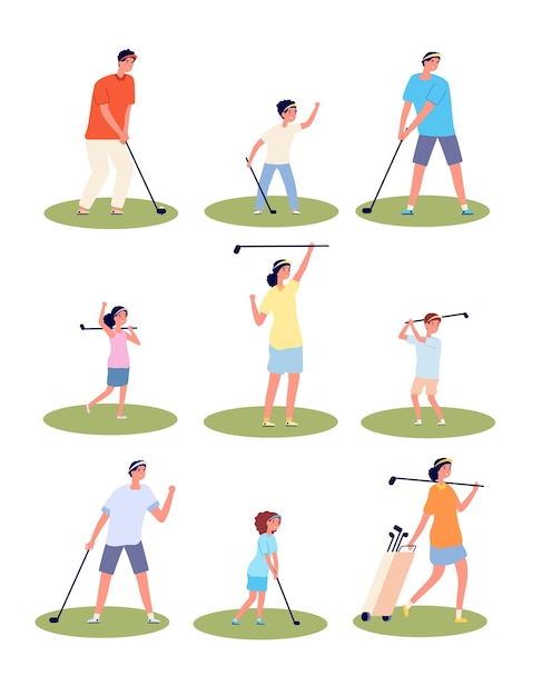 Golf players characters. Men women playing, isolated golfers with equipment and bags