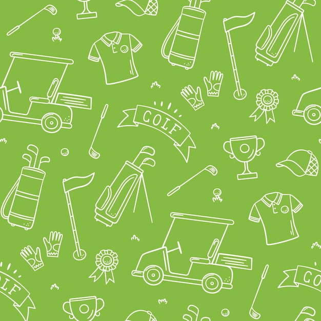 Golf seamless pattern - club, ball, flag, bag and golf cart in doodle style. Hand drawn