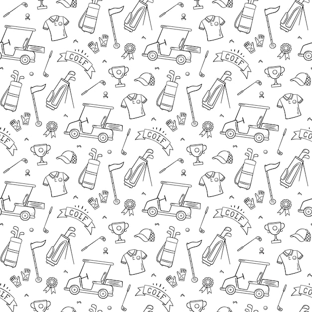 Golf seamless pattern in doodle style. Hand drawn vector illustration on white background