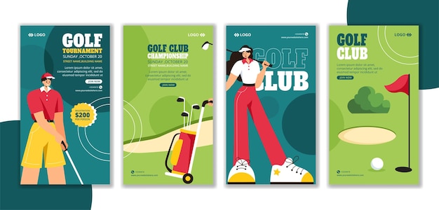 Vector golf sport social media stories flat cartoon hand drawn templates background illustration