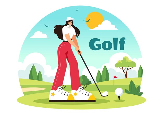 Vector golf sport vector illustration with flags cart clubs green field and sand bunker for outdoor fun or lifestyle in a flat style cartoon background