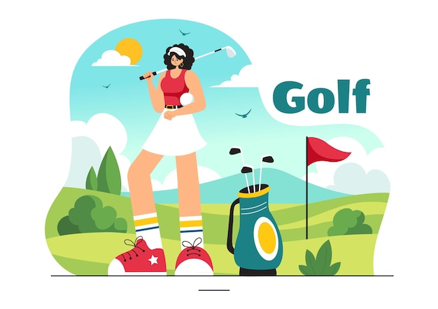 Vector golf sport vector illustration with flags cart clubs green field and sand bunker for outdoor fun or lifestyle in a flat style cartoon background