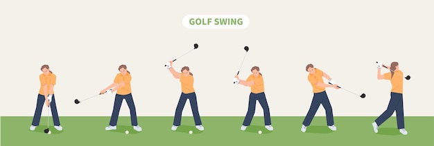 Vector golf swing pose steps. a golf player is showing his golf swing. flat vector illustration.