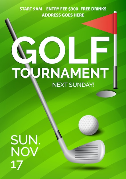 Golf tournament poster with information, green course, ball, club and red flag in hole.