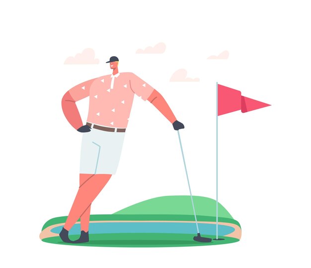 Vector golfer summer leisure, sport training or competition. young smiling man in sport uniform holding golf club in hands