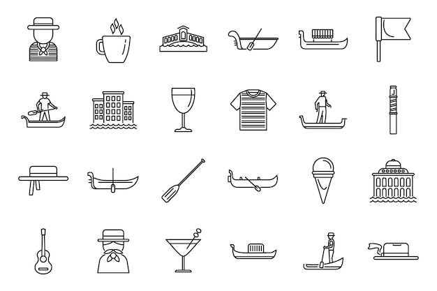 Gondolier icons set outline vector Venice bridge