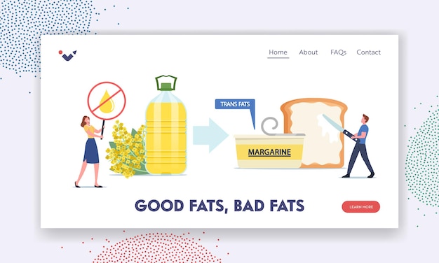 Good and Bad Fats Landing Page Template. Unhealthy Trans Fats Eating, Tiny Male Character Put Margarine on Huge Toast, Woman with Stop Cholesterol Products Banner. Cartoon Vector Illustration