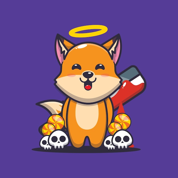 good or bad fox holding bloody machete cute halloween cartoon illustration