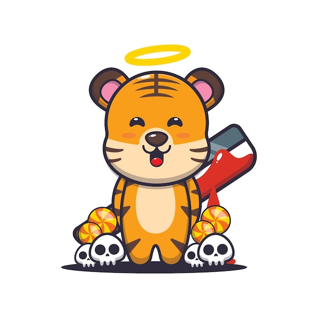 good or bad tiger holding bloody machete cute halloween cartoon illustration