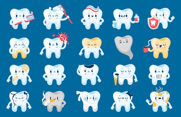 Good and bad tooth Healthy cartoon characters and with dental problems caries infection and erosion Vector unhappy teeth with sad faces dental care concept