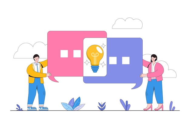 Good communications skills speak to explain thinking brainstorm in meeting work discussion and receive information concept Businesspeople talk with connect speech bubble and create lightbulb idea