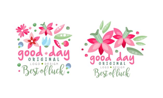 Good Day Logo Design Set Best of Luck Hand Drawn Bright Labels Vector Illustration