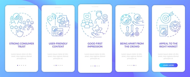 Good design importance blue gradient onboarding mobile app screen Style walkthrough 5 steps graphic instructions pages with linear concepts UI UX GUI template Myriad ProBold Regular fonts used